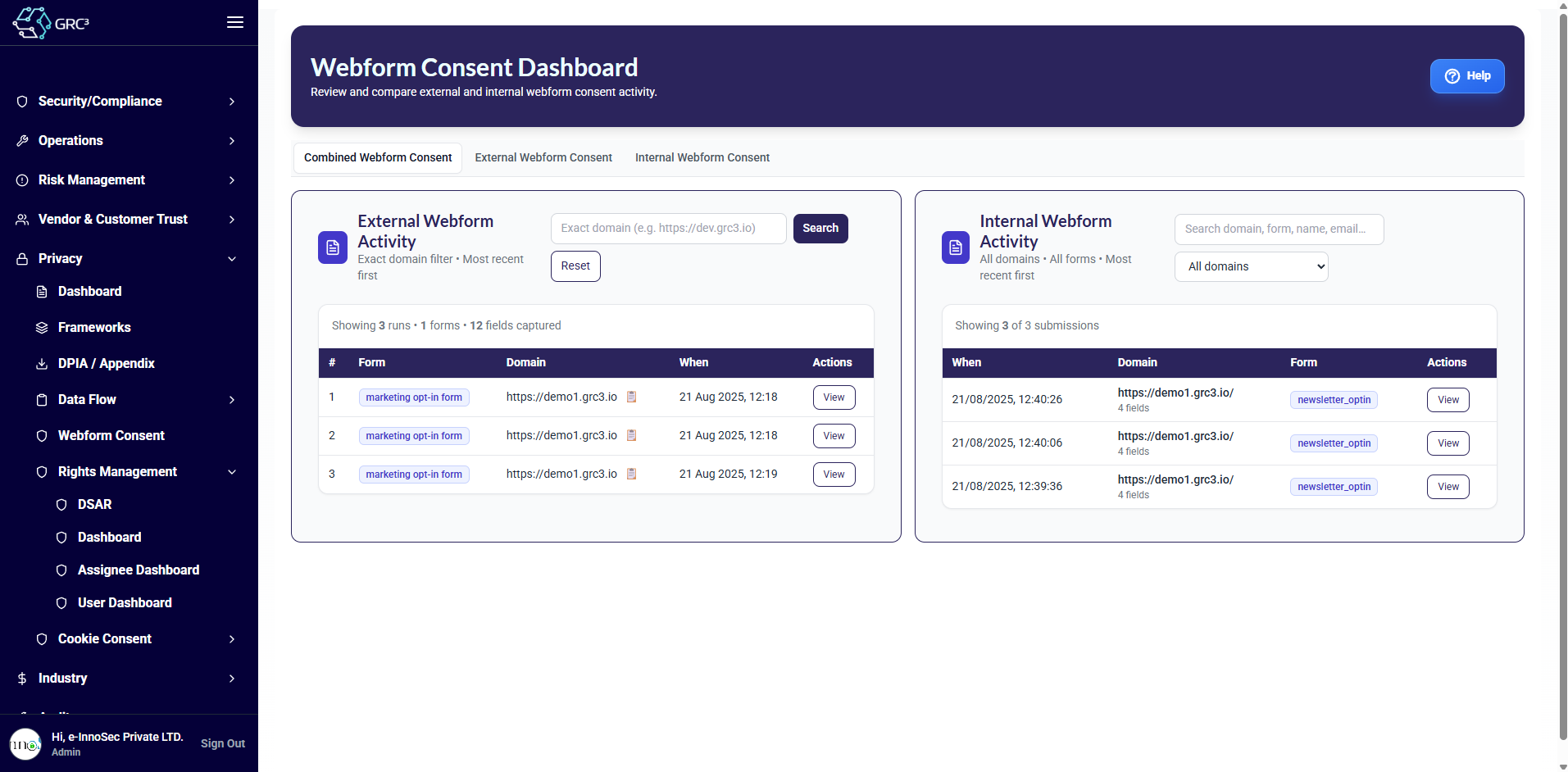 Consent dashboard preview