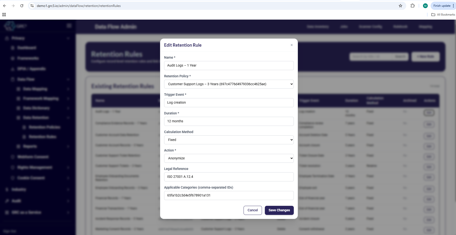 Retention configuration preview